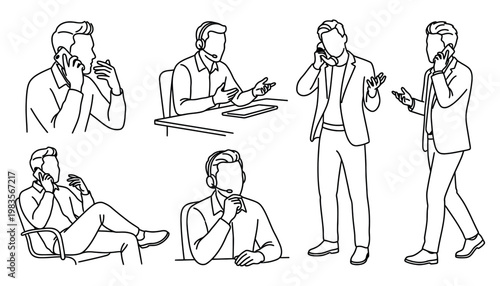 Business People Talking on Phone Line Art Vector Set, Customer Service Support Agent and Office Communication Outline Illustration
