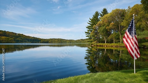 Bright Blue Water Reflects Trees and a Flag in a Quiet Lake Scene on a Sunny Day
