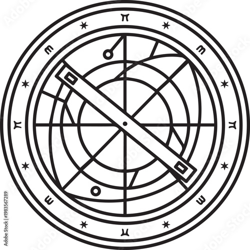 Premium High-Resolution Vector Astrolabe with Sighting Vane Icon for Astronomy Education, Historical Navigation Tools, Science Infographics, Medieval Art & History Projects, Space