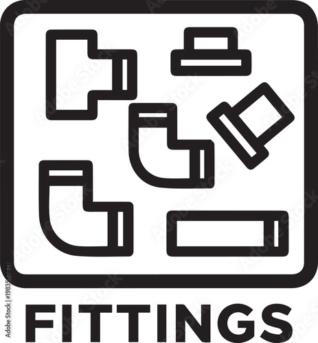Premium High-Resolution Vector Icon Collection Showcasing Industrial Pipe Fittings Box with Diverse Shapes Including Elbows, Tees, Reducers, Couplings, Flanges, Caps, and Valves—Perfect