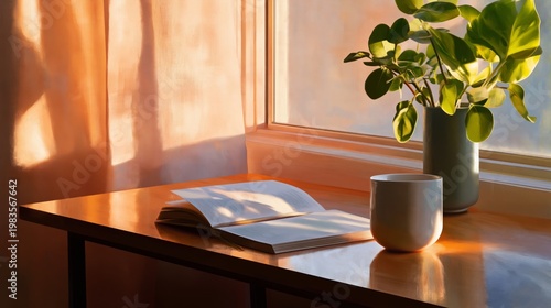 Light Shines Through Curtains in a Room With a Table Lamp and a Book at Sunset