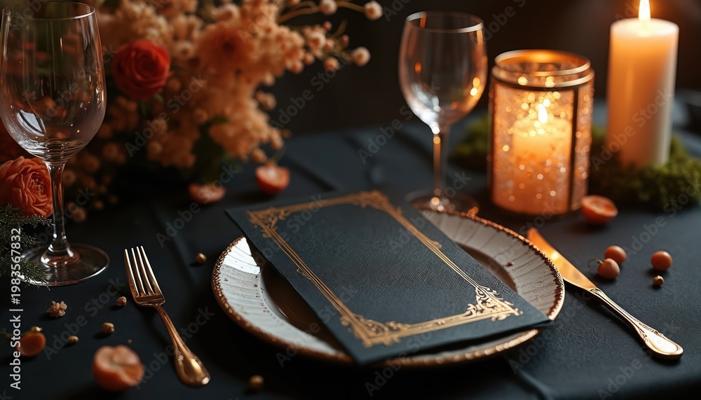 Fototapeta premium Elegant table setting for fine dining with menu card and glowing candles. Festive dinner or special event atmosphere. Luxurious plate setting for restaurant.