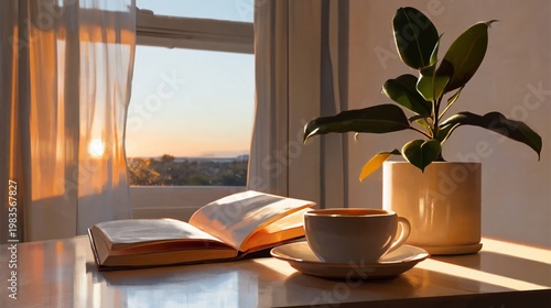 Morning Light Shines on a Book and Coffee Cup Next to a Plant on a Table by a...