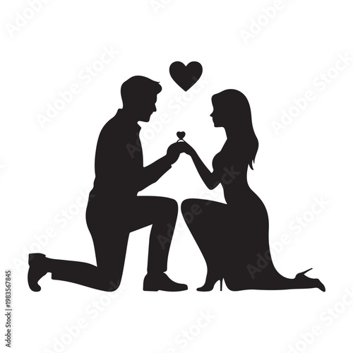 Black silhouette of couple embracing with heart embrace