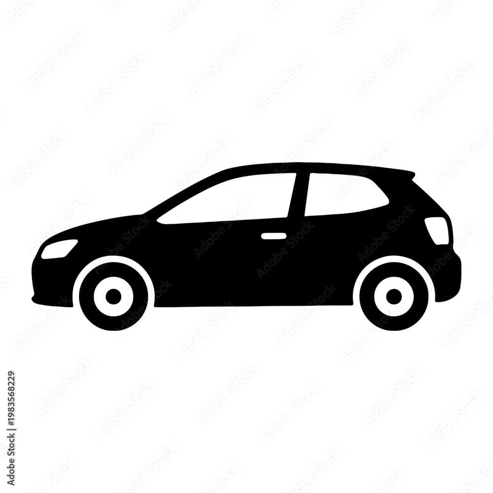 Obraz premium Hatchback car silhouette, black compact vehicle icon, modern city car vector illustration