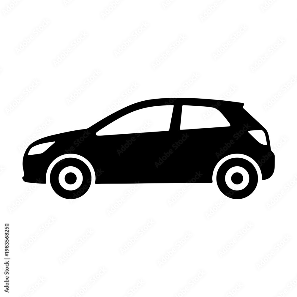 Obraz premium Hatchback car silhouette, black compact vehicle icon, modern city car vector illustration