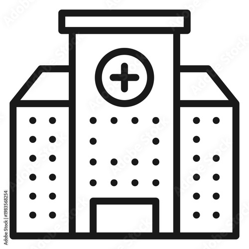 Hospital building vector icon, minimalist black line art illustration of a medical facility with a cross symbol, clinic or healthcare center symbol for medical and health design projects.