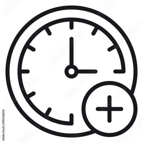 Black vector icon of a minimalist clock with a plus sign symbol, representing adding time, scheduling appointments, overtime, or time management. Clean line art illustration on white background.