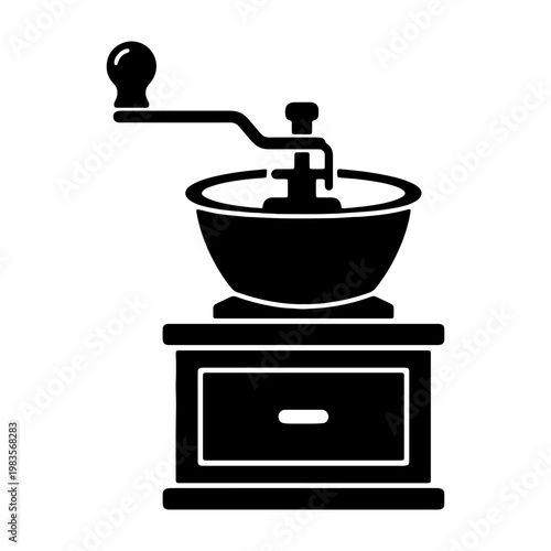 Vintage coffee grinder icon, manual bean mill vector, antique kitchen tool silhouette