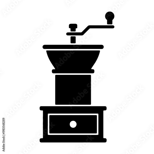 Vintage coffee grinder icon, manual mill silhouette, black kitchen appliance vector