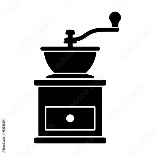 Vintage coffee grinder silhouette, antique manual bean mill icon, black vector graphic