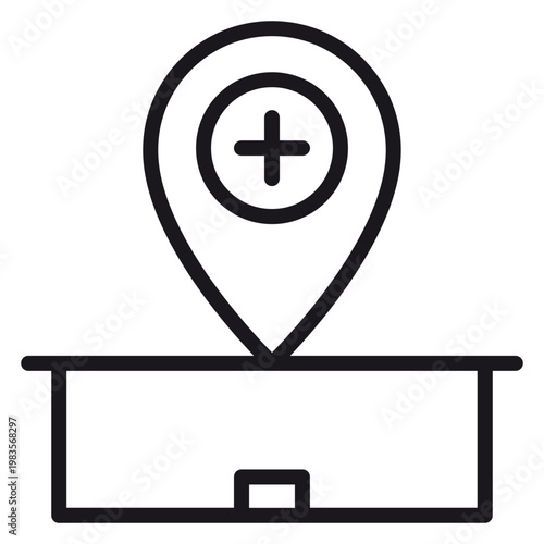 Hospital Location Vector Icon: Minimalist Black Line Illustration of a Medical Clinic Building with a Map Pin and Plus Symbol, Representing Healthcare Facilities and Emergency Services.