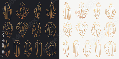 Natural crystals shapes, geometric stone silhouettes. Collection of golden gems symbol. Isolated minerals contour for cards, logo, decorations, invitations design.