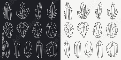 Set of crystals linear shapes. Geometric icons of black and white crystals, gems symbol. Isolated minerals contour for cards, logo, decorations, invitations design.