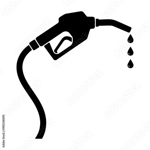 Gas pump nozzle vector icon, fuel dispenser with oil drops, black petrol station symbol