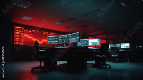 Stock market crash on multiple screens in control room