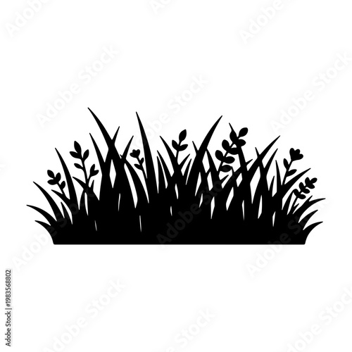 Black grass silhouette vector, meadow plant border, wild floral lawn tuft icon