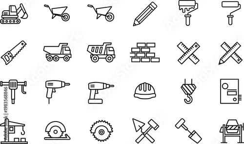 Construction tools and equipment icon set with hammer drill saw ruler helmet building repair line vector illustration