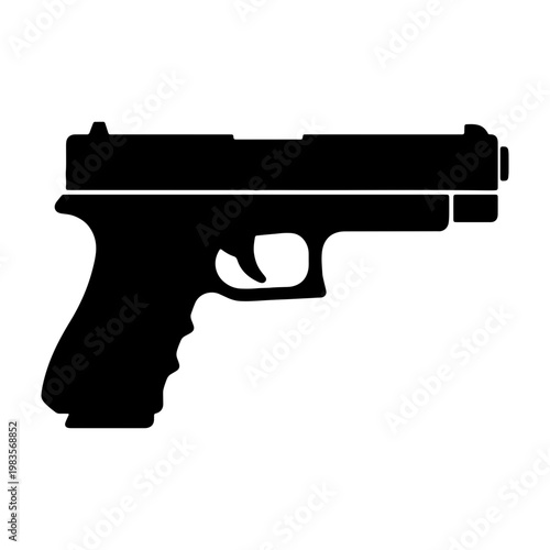 Black handgun silhouette vector, semi-automatic pistol icon, firearm weapon graphic