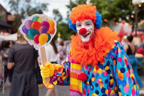 Clown Holds Balloon Sign at a Festival in a Busy Outdoor Area During a Sunny Day