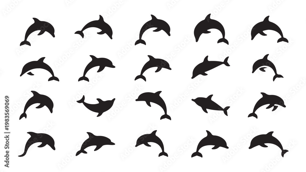 Obraz premium Black silhouette of jumping dolphins arranged in grid