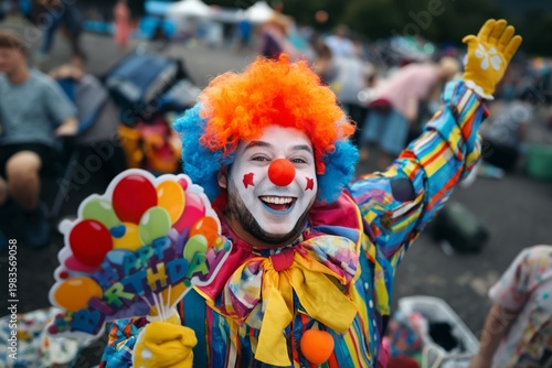 Clown Holds Colorful Balloons at a Festive Outdoor Event in the Park During D...