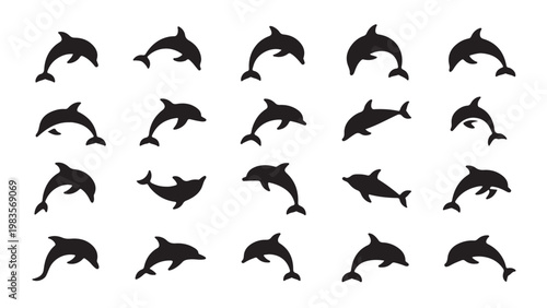 Black silhouette of jumping dolphins arranged in grid
