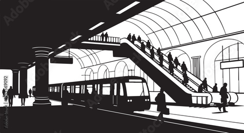 City metro station, urban transportation hub, black and white illustration, vector graphic