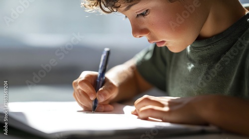 Child Writes in Notebook While Sitting at Table During Sunny Day in a Well-Li...