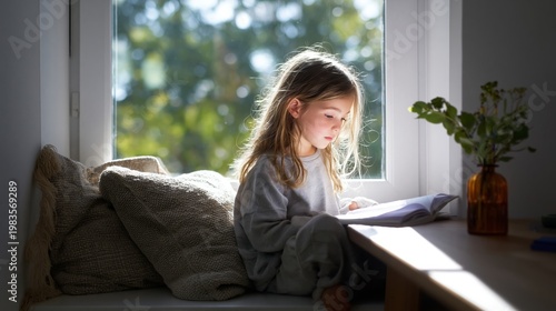 Young Girl Reads a Book by a Sunlit Window in a Cozy Room During the Afternoon