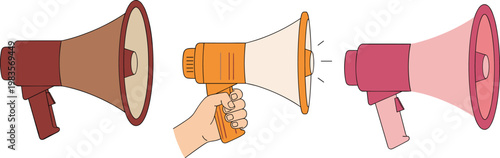 Megaphone loudspeaker set announcement communication vector illustration hand holding speaker protest marketing alert collection design