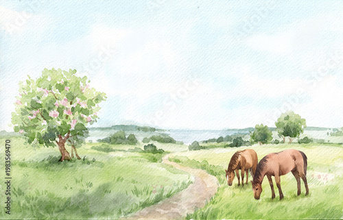 Watercolor Countryside Landscape with Horses Pastoral Meadow Nature Romantic Rural Scene Illustration