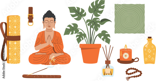 Meditation yoga set with buddha incense plant tea beads vector illustration spiritual relaxation wellness collection design