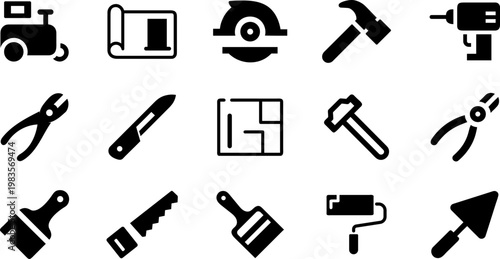 Collection of black and white icons featuring various hand tools