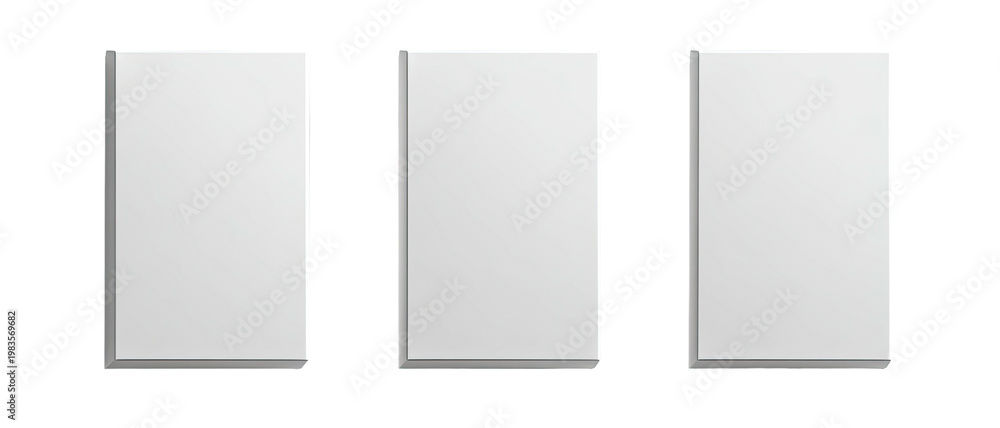 Three similar rectangular, white objects with slight 3D effects on a black background