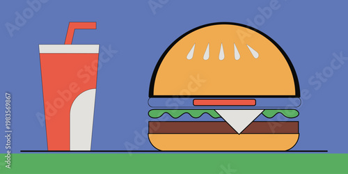 A colorful cartoon illustration of a hamburger and a soda cup on a table