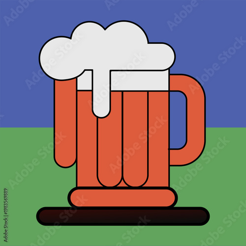 A colorful cartoon illustration of a red beer mug with white foam on top against a blue and green background