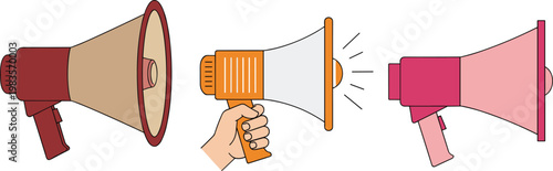 Megaphone loudspeaker set announcement communication vector illustration hand holding speaker protest marketing alert design collection