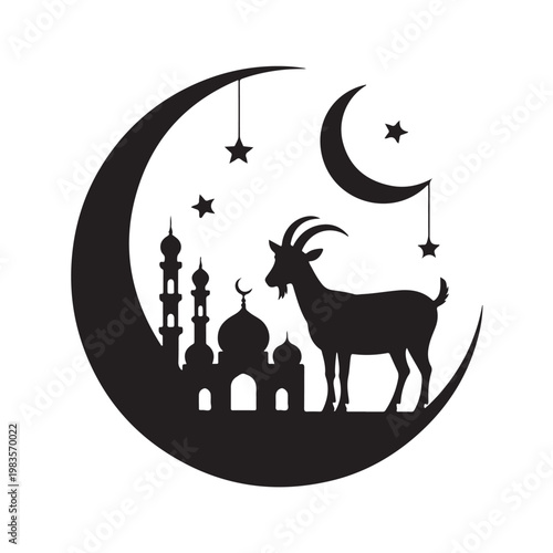 Black silhouette of muslim family sacrificing animal under crescent moon