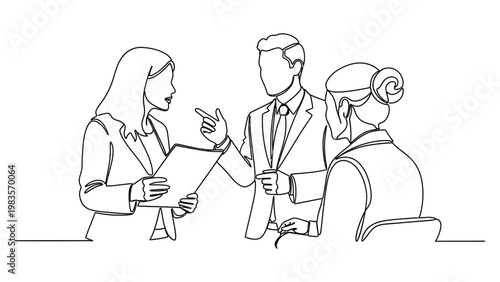 Continuous line drawing of business people discussing.