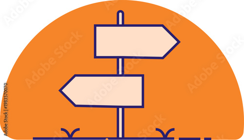 A directional signpost with two blank signs on an orange background