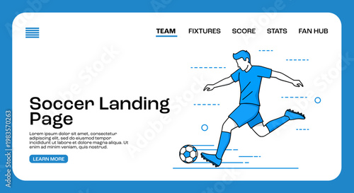 Soccer landing page UI design with football player illustration modern sports website interface concept
