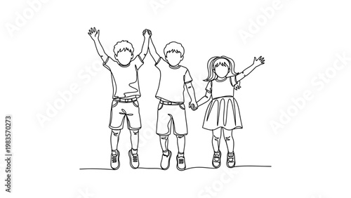 Three children standing together happily outdoors.