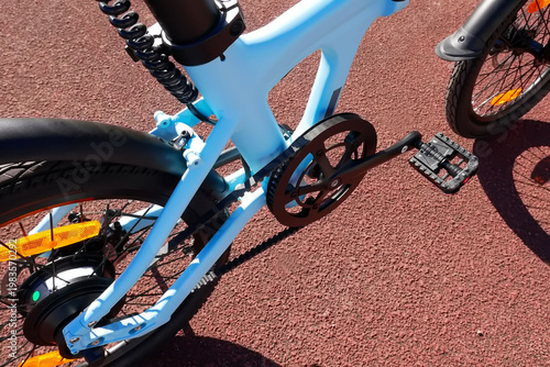 Folding bike details and close-up. Bike assembly. An electric bike that can be folded