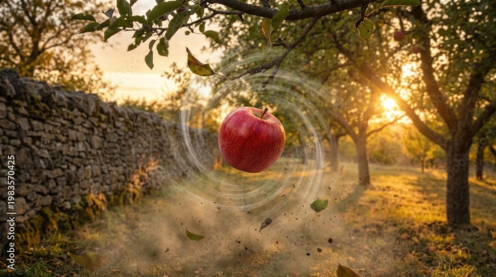 Fototapeta premium Red apple suspended, creating spacetime curvature, gravitational field, universal force, relativity, cosmic phenomenon, dimensional distortion, spatial bending, mass attraction, invisible power.