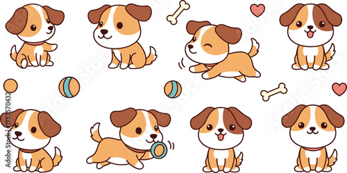 Cute puppy cartoon vector illustration set with playful dogs sitting running kawaii pet characters collection design