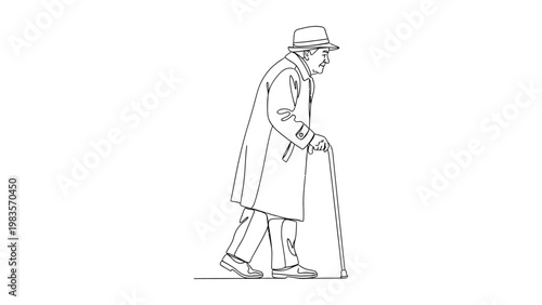 Elderly man walking with cane support.