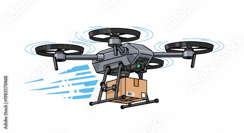 A drone flies with a package attached underneath it quickly outside.