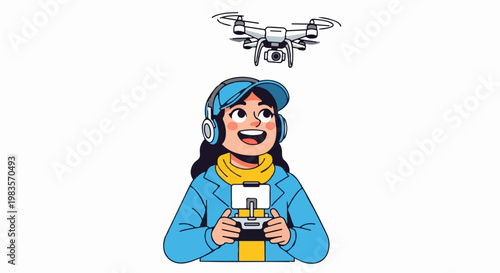 A woman wearing headphones and a cap operates a drone controller outdoors.