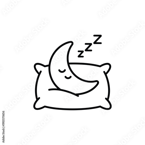 Sleeping moon on pillow black and white vector icon for mental wellness and self care sleep hygiene and relaxing rest illustration